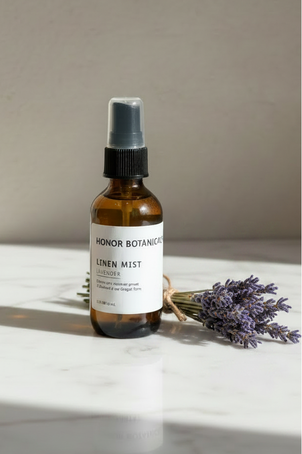 amber glass bottle of lavender linen mist sitting on stone countertop with natural light and shadows.